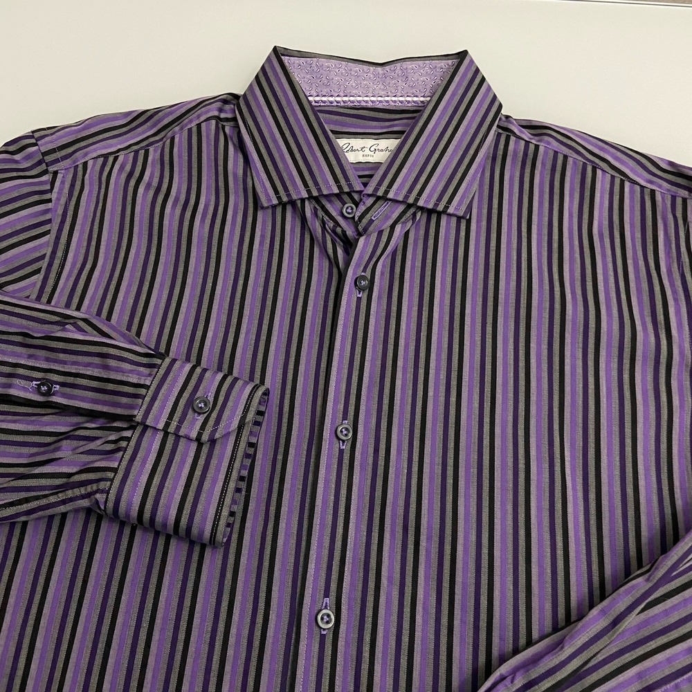Robert Graham Long Sleeve Striped Button Front Shirt Men's Purple Black 16.5